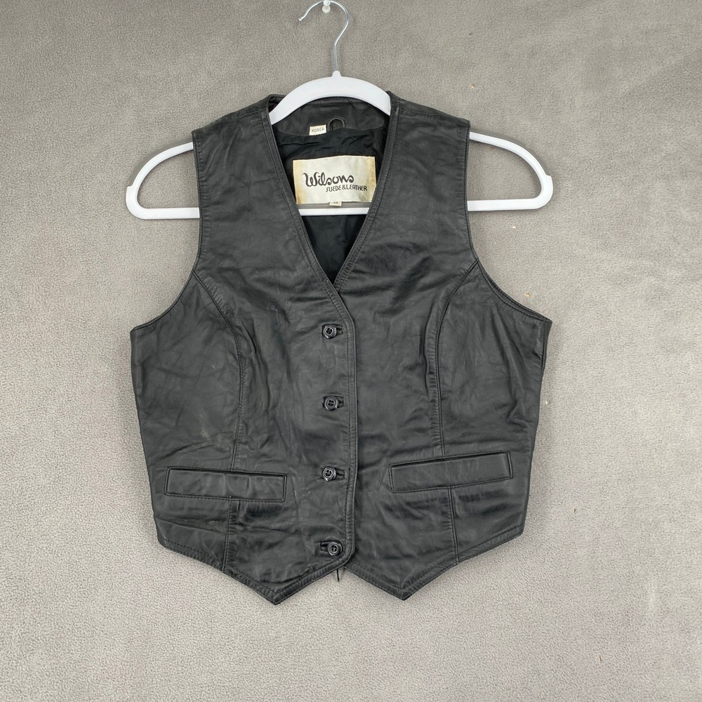 Wilsons Suede & Leather Black Leather Vest Womens Size 10 Button Front Pocketed